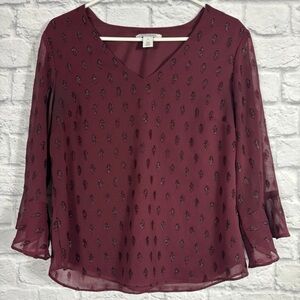 White House Black Market Womens Burgundy Metallic Accents 3/4 Sleeve Blouse Sz 8